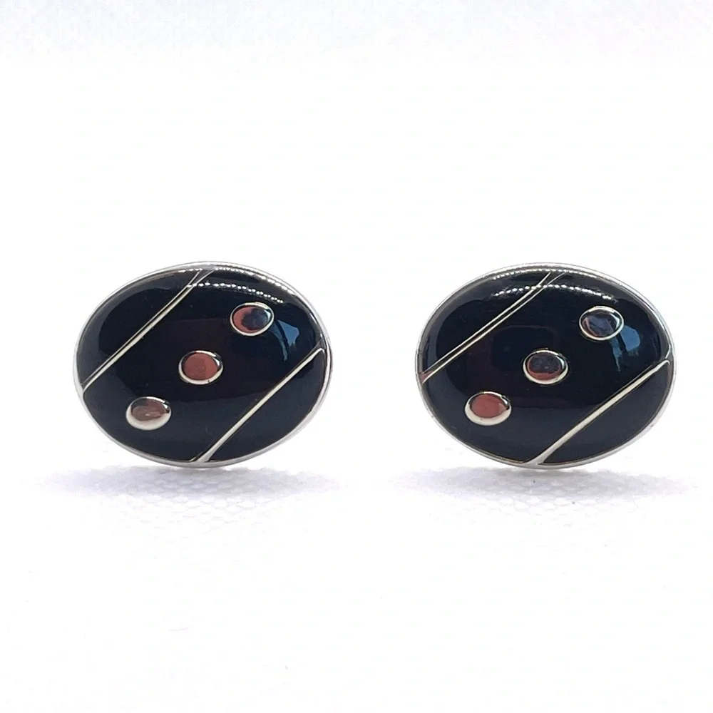 Black Oval Enamel Cufflinks w “Dot” Pattern Silver & Black! Stocking Stuffer!
